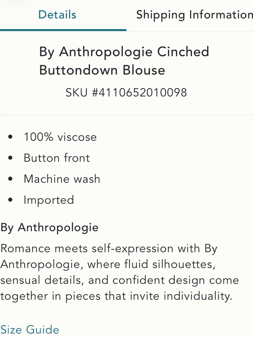 Anthropologie Cinched Button Down Blouce
